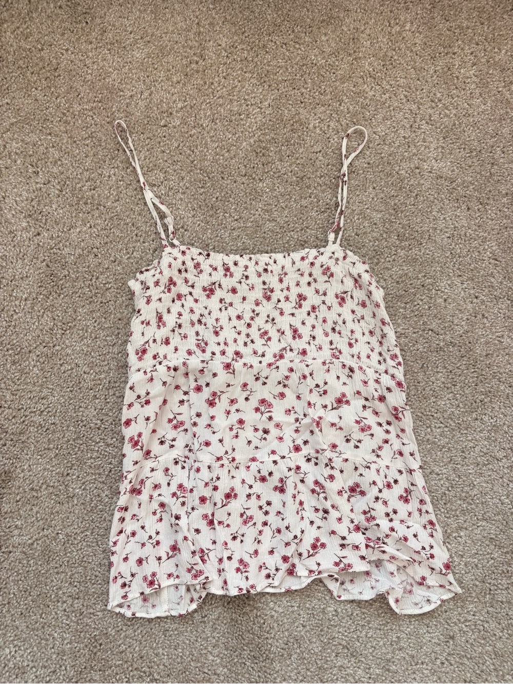 Floral Smocked Cami Tank Top - Cream with Pink Floral